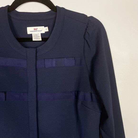 Vineyard Vines Womens 2 Navy Blue Grosgrain Bow Ponte Knit Blazer Jacket Peplum - Picture 3 of 7